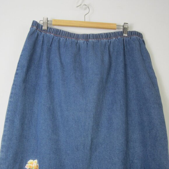 Bob Mackie Womens Plus 1X Blue Jean Denim Long Skirt Embroidered Flowers Midi - Picture 6 of 10